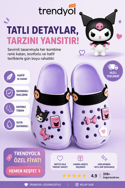 Kid's World Kuromi Character Girls' Closed Front Pool Beach Street Slippers