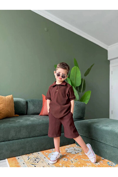 kidstalya Collared and Textured Fabric Boys' Shorts Set - Brown