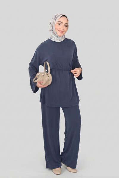 Norshen Navy Blue Women's Tunic with Waist Tie Detail & Wide Leg Trousers - Set
