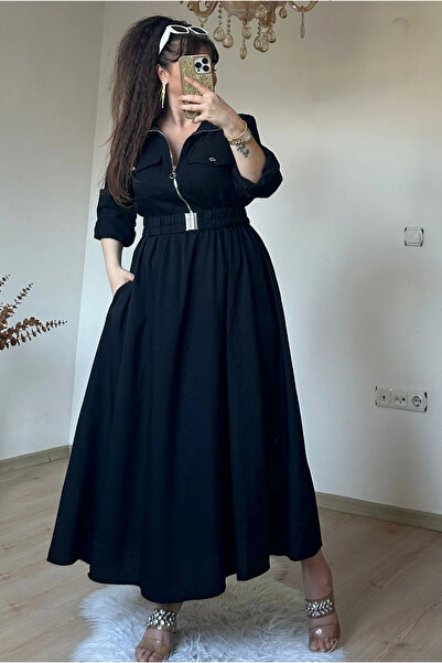 AZRA BUTİK Collar Pocket Sports Dress Black