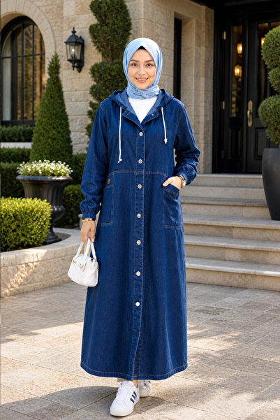 Hb Harma Time Butik Women's Hooded Buttoned Pocket Dark Blue Denim Jacket