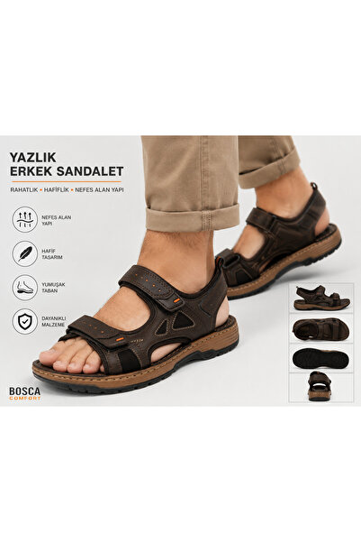 SPOR AYAKKABI MARKET Erkek yazlık sandalet kahverengi dikişli yumuşak taban c...