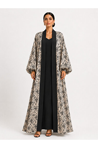 Marever Fashion Bej Siyah Çiçek Desenli Keten Kaftan – Ön Pat Brokar Detaylı ...