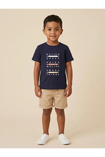 kidstalya Navy Blue Lettered T-Shirt Light Brown Shorts Boys' Set