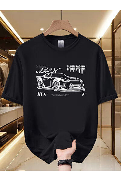 CLASSY.MODA تي شيرت أسود أساسي مطبوع من ستريت فاشون بريميوم