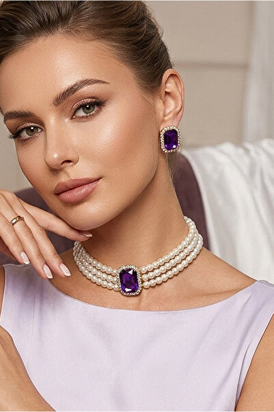 Happyline Cam İncili Gold Kaplama Baget Mor Taşlı Tasma Choker Kolye Özel Tas...