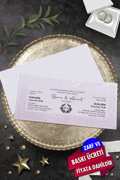 Cem Davetiye Düğün Nişan Nikah Kına Davetiyesi 3264 (100 ADET) Baskı Dahil