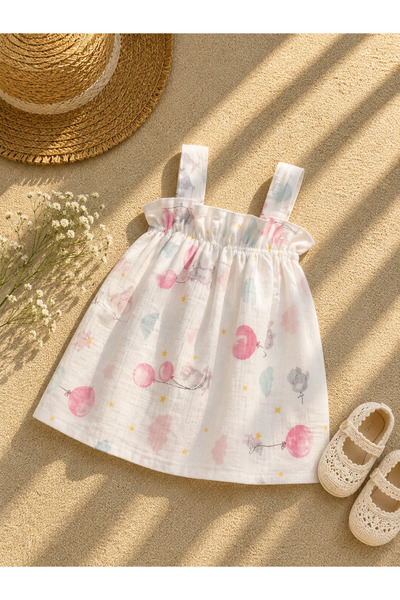 Nola Kids Kız Bebek Desenli Askılı Elbise Yazlık Rahat Elbise