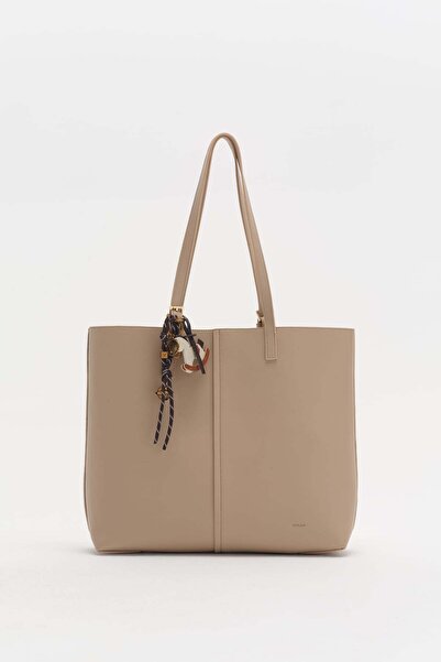 Nihan Çift Saplı Charm Detaylı Shopper Çanta Toprak