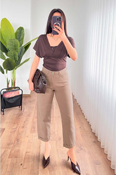 Hipo Trend Mom Kalıp Gabardin Denim Brown Trousers