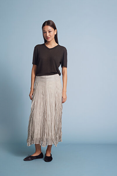 Nisan Mixed Patterned Midi Skirt Beige