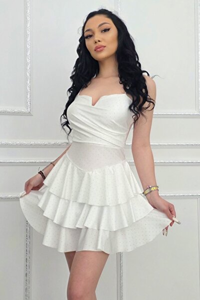 FashionForYou Rochie scurtă de ocazie, VALORIA, cu volane și bretele, Alb, Mă...