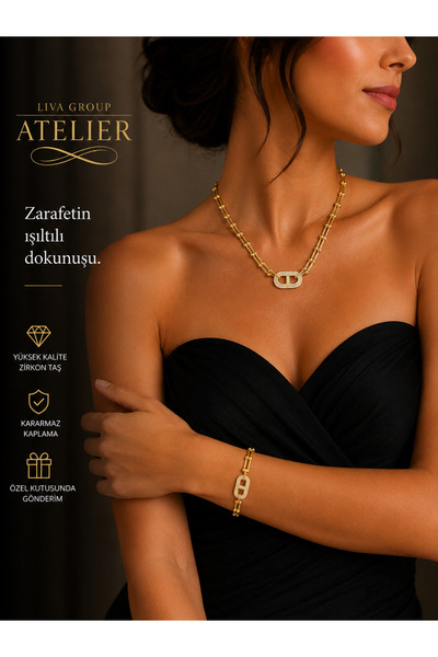 Liva Group Atelier Premium Tifany Gold Zirkon Taşlı Çift Halkalı Bileklik & K...