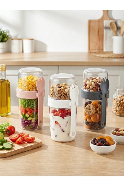 lawrenceshop 800 ML Çatal Uçlu Kaşık Tasarımlı 2 Bölmeli Salata Granola Müsli Meyve ve Yoğurt Kabı Taşınabilir Atıştırmalık Kuruyemiş Saklama Kabı