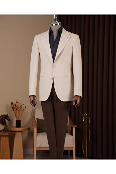 TerziAdemAltun Slim fit erkek mono yaka blazer ceket bej T20145-09