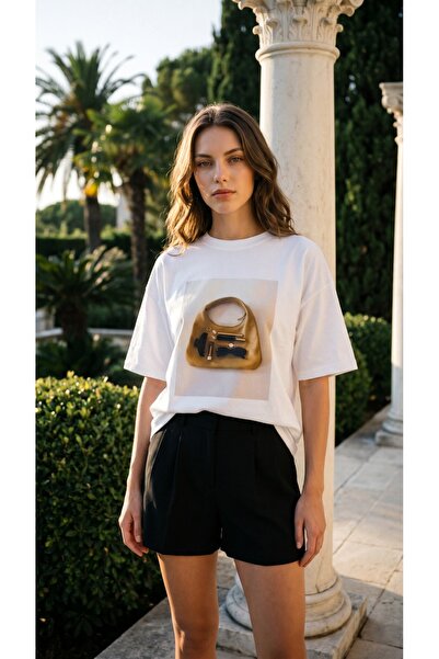 Amia&Co. Tricou alb oversize pentru femei, cu mânecă scurtă, cu imprimeu, dec...