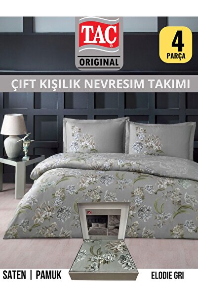 Taç Elodie gri Pamuk Saten Çift Kişilik Nevresim Takımı