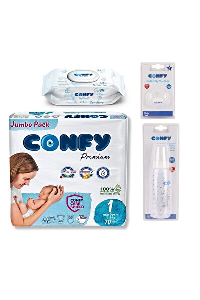 Confy Premium Yenidoğan Seti (1 Numara Bebek Bezi, Islak Mendil,Emzik, Biberon)