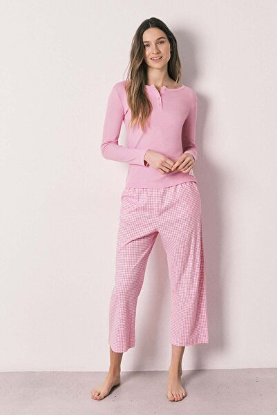 Women'secret Pink cotton gingham print long pyjamas