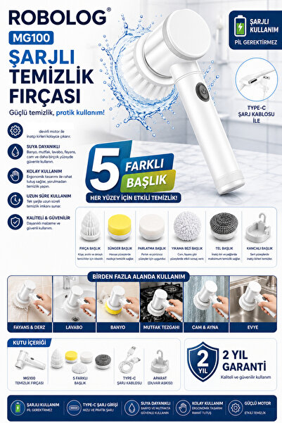 ROBOLOG 5 Başlıklı Şarjlı Elektrikli Temizlik Fırçası Bulaşık, Küvet, Lavabo,...