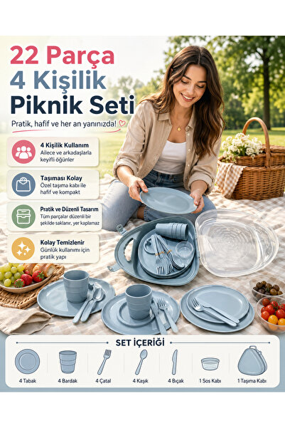 biedda 22 Parça 4 Kişilik Piknik Seti Taşıma Çantalı Tabak Bardak Çatal Kaşık...
