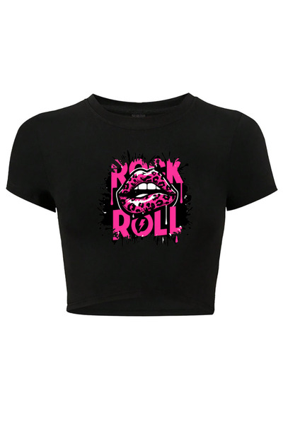 BRZ COLLECTION Tricou crop Rock'n Roll Lips pentru femei, negru