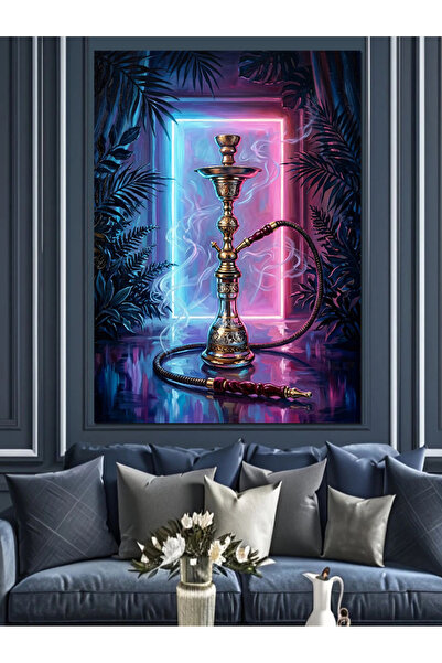 karizmart Neon Işıklı Gökkuşağı Ve Nargile Dekoratif Kanvas - Mdf Ahşap Tablo