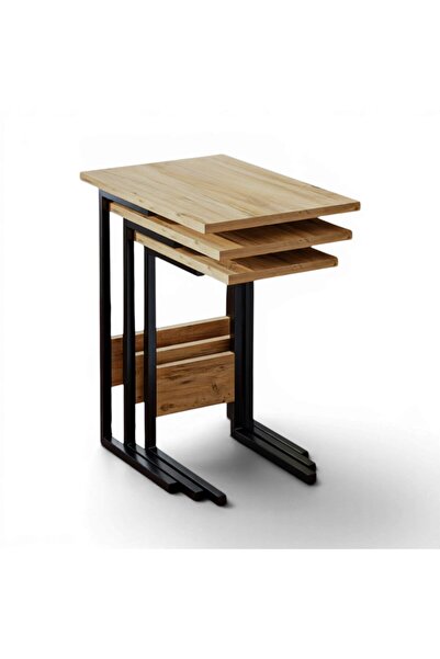 VEYSEL WOODWORKİNG Metal Ayaklı 3'lü Zigon Sehpa Orta Sehpa - Atlantik çam