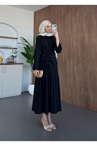 Adalenna Moda Yandan Büzgülü Ham Keten Elbise