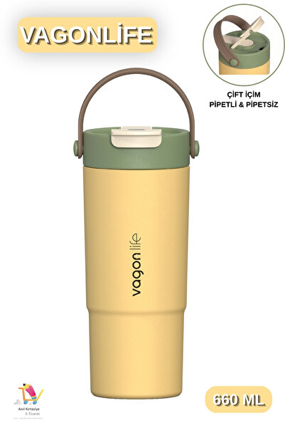 Vagonlife 660 ML Tek Kapak Çift İçim Pipetli / Pipetsiz Kulplu Paslanmaz Çeli...