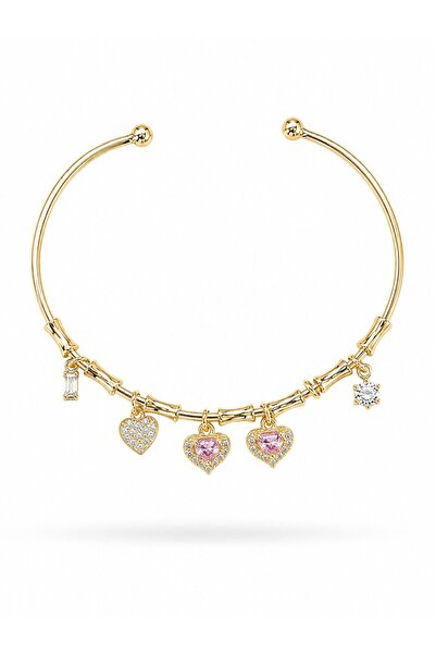 serelya Brass Zircon Stone Pink Heart Model Gold Color Charm Bracelet