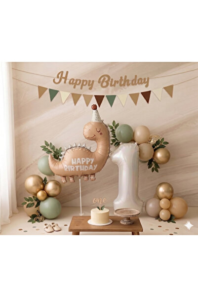 Parti Zamanı Retro dinazor 1 Yaş Krem Gold Yeşil Şefaf Konfetili Set Balon