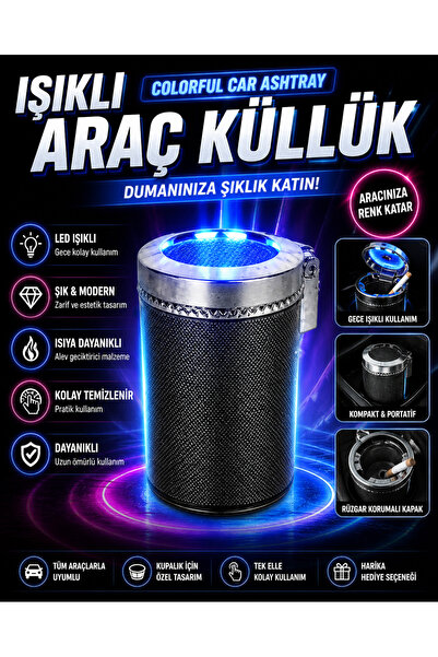 zifona Üniversal 7 Renkli RGB Led Işıklı Lüx Oto Küllük Kapaklı Spor Araç İçi...