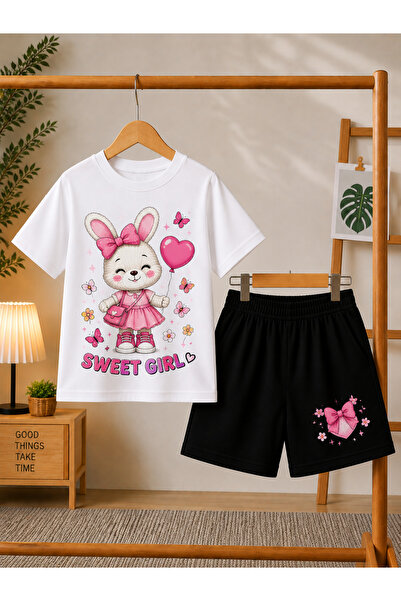 Kids Sweet Girl Baskılı Beyaz T-shirt Siyah Şort Yazlık Takım