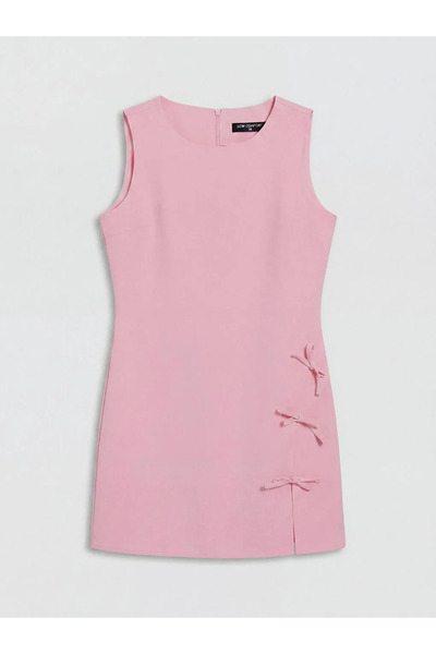 LC Waikiki Pink Crew Neck Mini Dress with Bow Detail