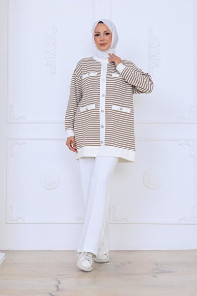 Moodbasic metal düğmeli çizgili tunik