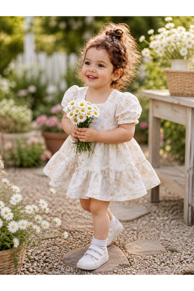 TANIŞ BABY Girl's Floral Patterned Muslin Dress with Ruffle Detail Summer Wed...