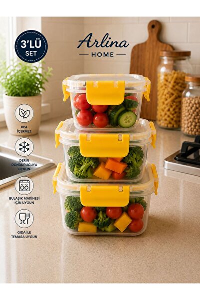 genel tr Softchef Leakproof Square 3-Piece Storage Container Yellow