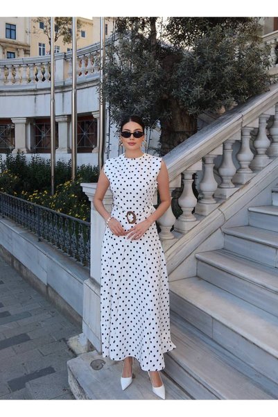 OYERGA MODA فستان نسائي طويل بتفاصيل حزام منقط باللونين الأسود والأبيض