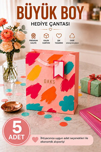 Daks 5 ADET (26 x 32 x 14 cm) - Pastel Pembe Renkli Fırça Desenli Büyük Boy K...