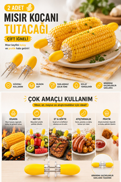 indirimsevinci 2 Adet Mısır Koçanı Tutacağı Çift İğneli Silikon Saplı Çok Ama...