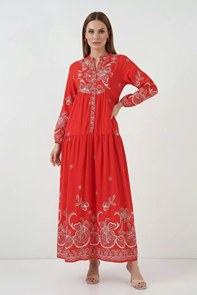buğrahayalin Women's High Collar Gathered Waist Floral Patterned Viscose Red ...