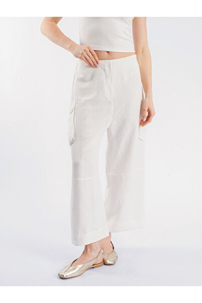 byözlemyazan Linen Side Pockets, Elastic Waist at the Back, Loose Fit Midi Wo...