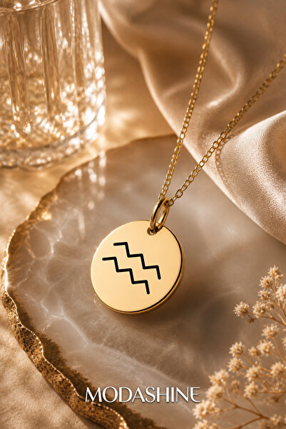 MODASHİNE Aquarius Zodiac Sign Necklace Gold Color Minimal Design Stainless S...