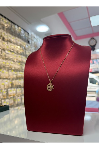 Çelik Gold Kolye Ay ve Güneş Figürlü Zirkon Taşlı Çelik kolye