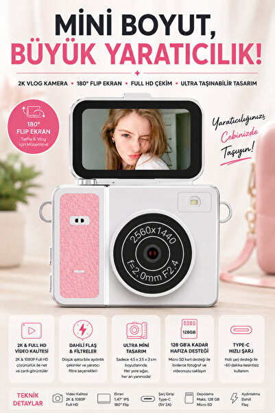 ROBEVE Mini Dijital Fotoğraf Makinesi 2K Full HD – 180° Dönebilen Ekranlı Vlo...