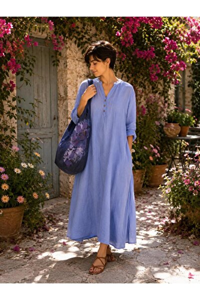 espoire butik kadın italyan keten lila elbise 42 44 46 48 bedenlere uyumludur
