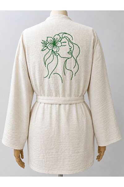 modekamoda %100 Pamuk Müslin Bornoz Kimono Çiçekli Kadın Nakışı İşlemiş