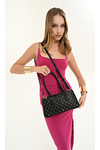 Pierre Cardin Women's Black Monogram Patterned Adjustable Strap Shoulder Bag