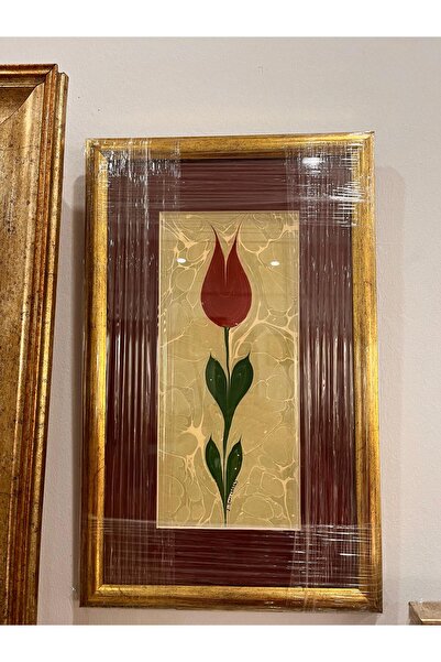 Müze sanat El Yapımı Ebru Sanatı - Çerçeveli Kırmızı Lale Tablo - Özel Tasarım